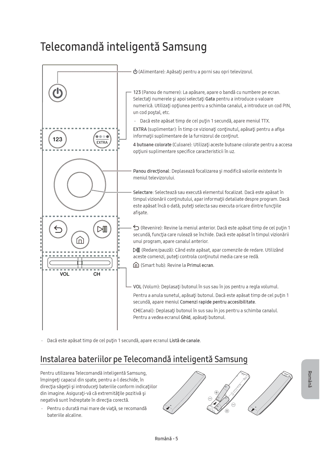 Samsung UE65KU6402UXXH, UE40KU6400SXXH, UE55KU6400SXXH manual Instalarea bateriilor pe Telecomandă inteligentă Samsung 