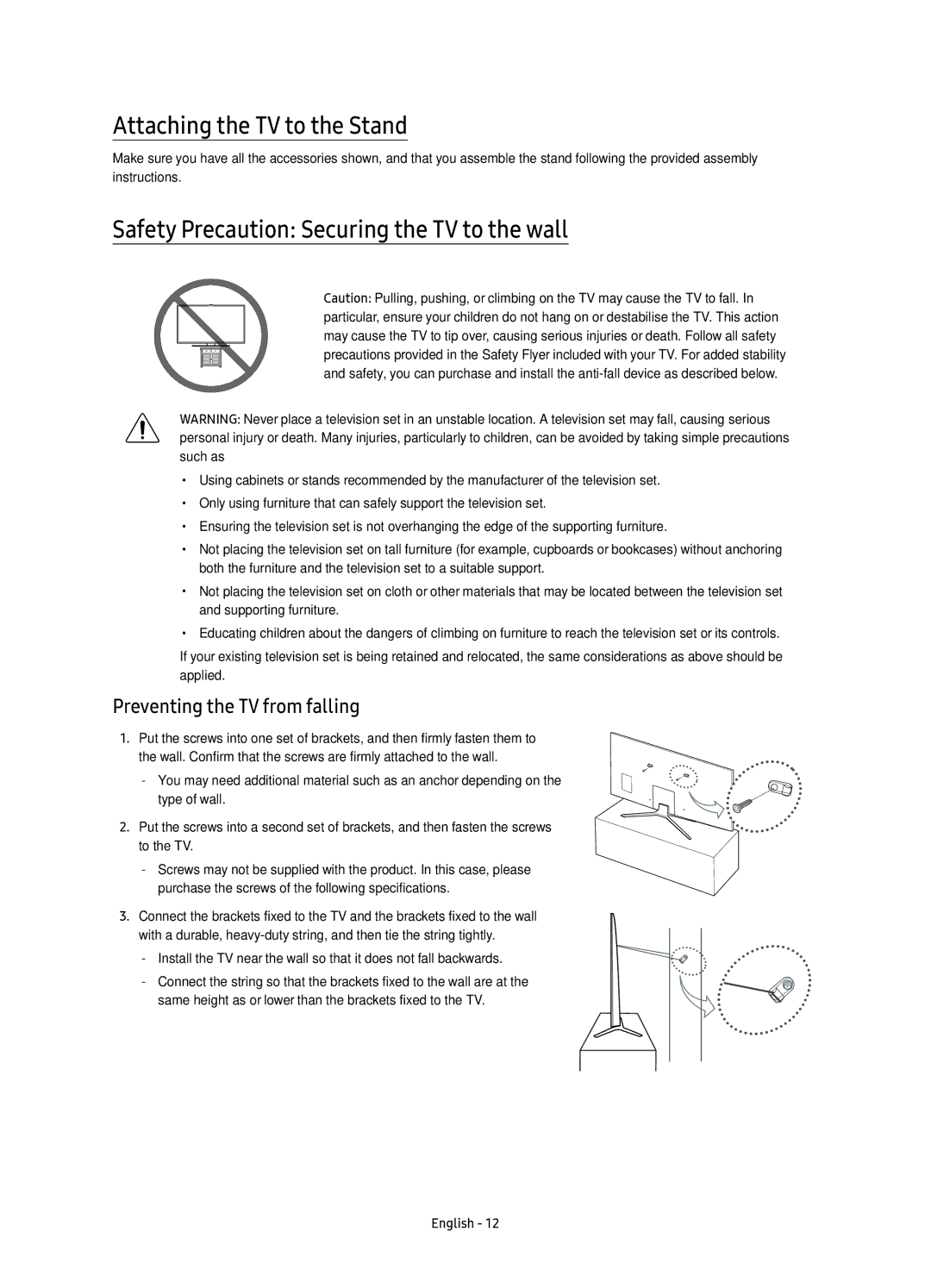 Samsung UE65KU6402UXXH, UE40KU6400SXXH manual Attaching the TV to the Stand, Safety Precaution Securing the TV to the wall 