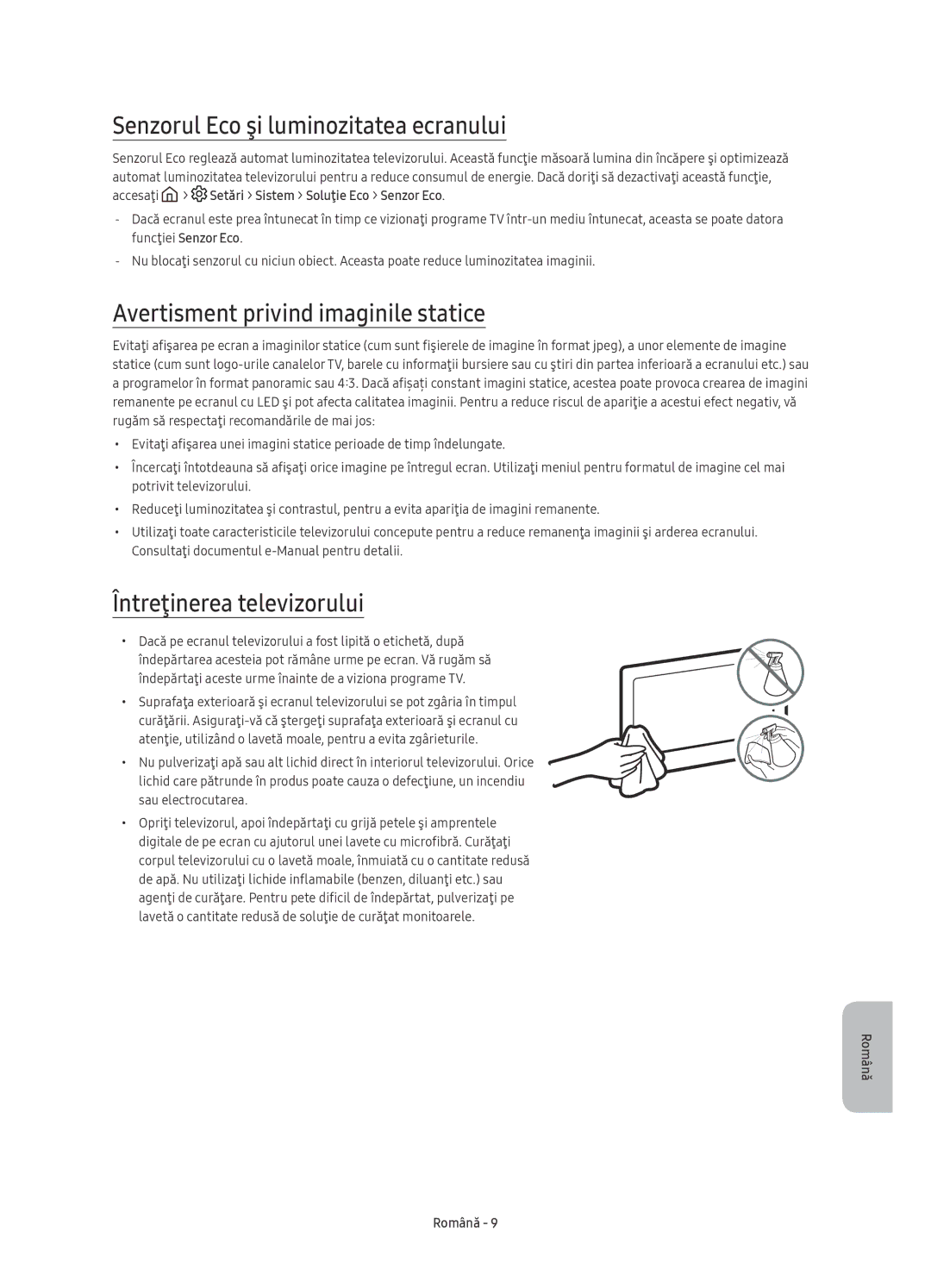 Samsung UE55KU6400SXXH, UE40KU6400SXXH manual Senzorul Eco şi luminozitatea ecranului, Avertisment privind imaginile statice 