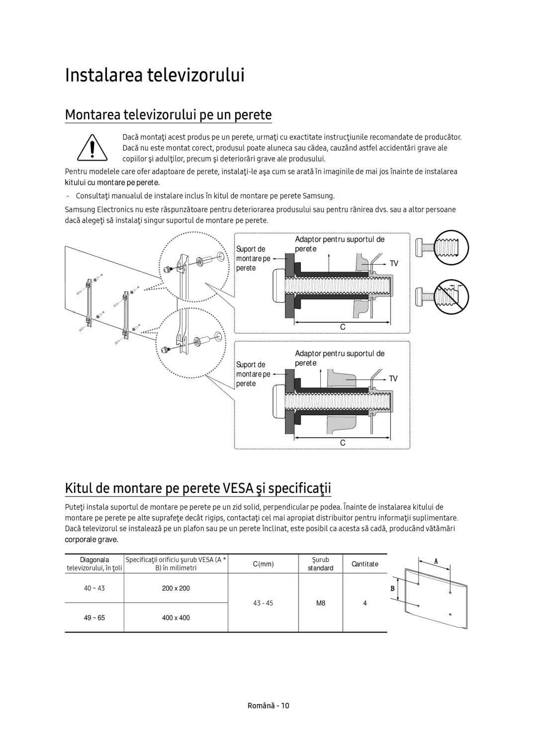 Samsung UE65KU6400SXXH, UE40KU6400SXXH, UE55KU6400SXXH manual Instalarea televizorului, Montarea televizorului pe un perete 