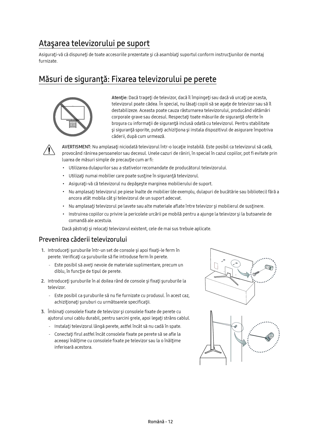 Samsung UE43KU6400SXXH manual Ataşarea televizorului pe suport, Măsuri de siguranţă Fixarea televizorului pe perete 