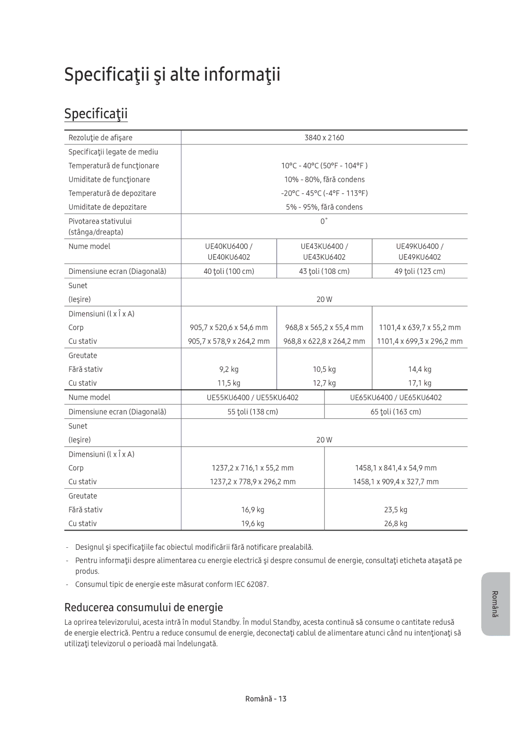 Samsung UE40KU6400SXXN, UE40KU6400SXXH, UE55KU6400SXXH Specificaţii şi alte informaţii, Reducerea consumului de energie 