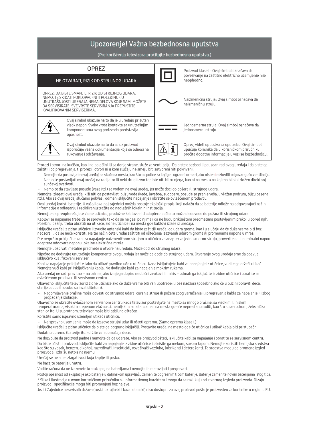 Samsung UE55KU6400SXXN manual Upozorenje! Važna bezbednosna uputstva, NE OTVARATI, Rizik OD Strujnog Udara, Srpski 