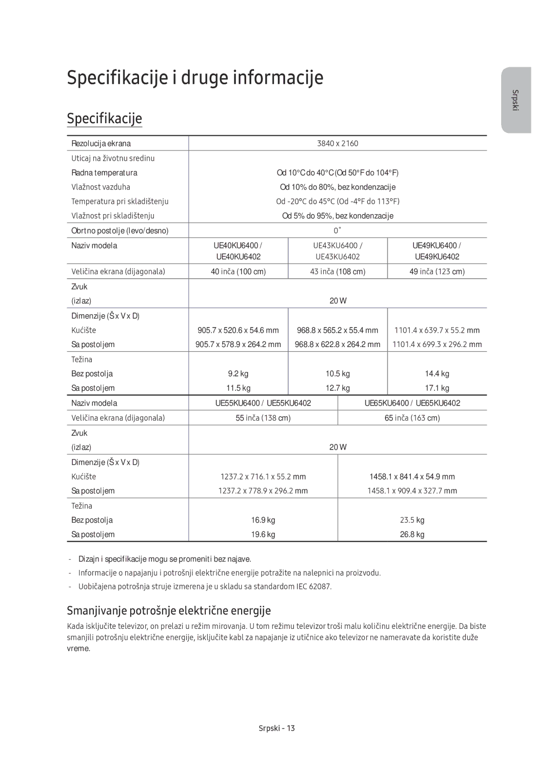 Samsung UE43KU6400SXXH, UE40KU6400SXXH manual Specifikacije i druge informacije, Smanjivanje potrošnje električne energije 