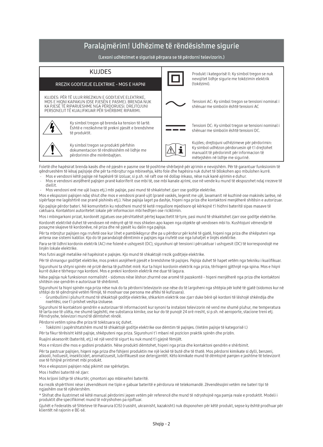 Samsung UE49KU6400SXXN manual Paralajmërim! Udhëzime të rëndësishme sigurie, Rrezik Goditjeje Elektrike MOS E Hapni, Shqip 