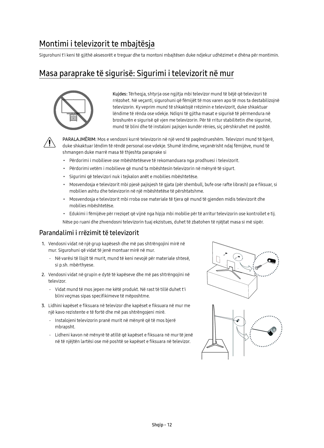 Samsung UE65KU6400SXXH manual Montimi i televizorit te mbajtësja, Masa paraprake të sigurisë Sigurimi i televizorit në mur 