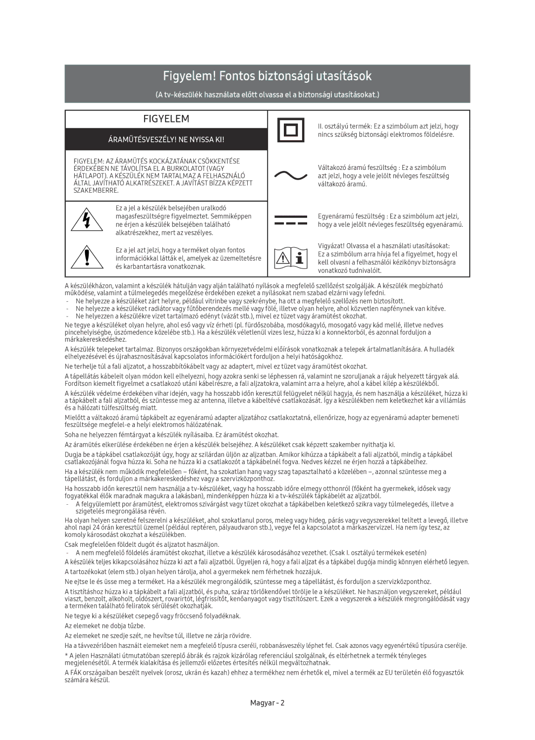 Samsung UE55KU6400SXXH, UE40KU6400SXXH manual Figyelem! Fontos biztonsági utasítások, ÁRAMÜTÉSVESZÉLY! NE Nyissa KI, Magyar 