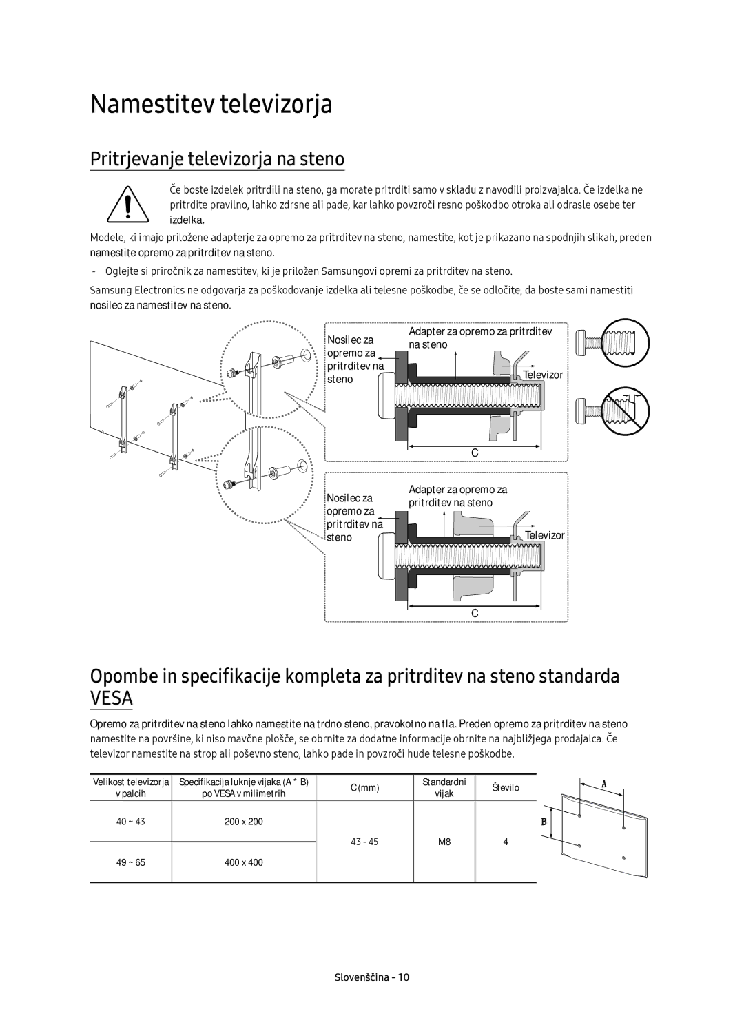 Samsung UE55KU6402UXXH, UE40KU6400SXXH, UE55KU6400SXXH manual Namestitev televizorja, Pritrjevanje televizorja na steno 