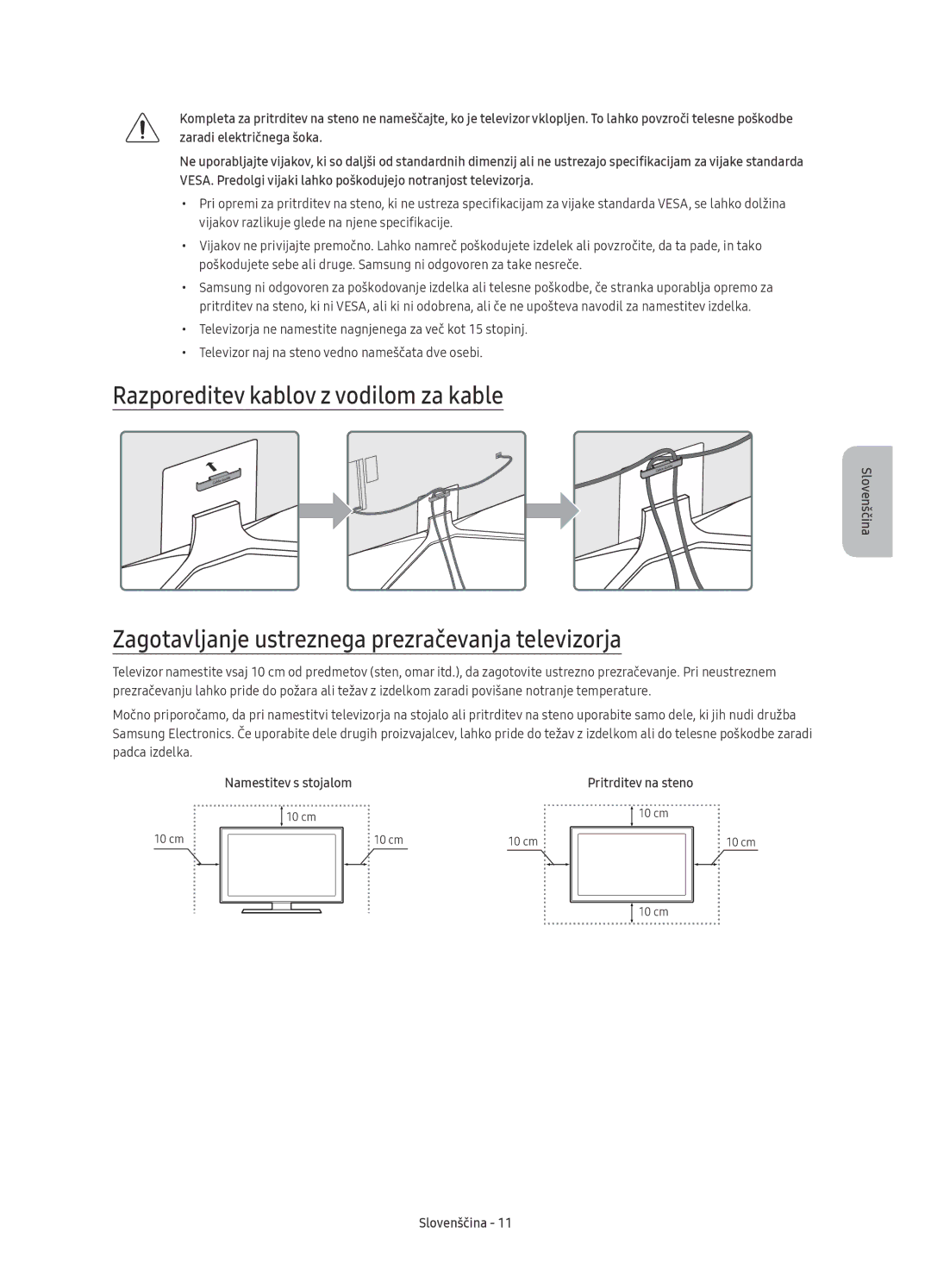 Samsung UE65KU6400SXXN manual Razporeditev kablov z vodilom za kable, Zagotavljanje ustreznega prezračevanja televizorja 