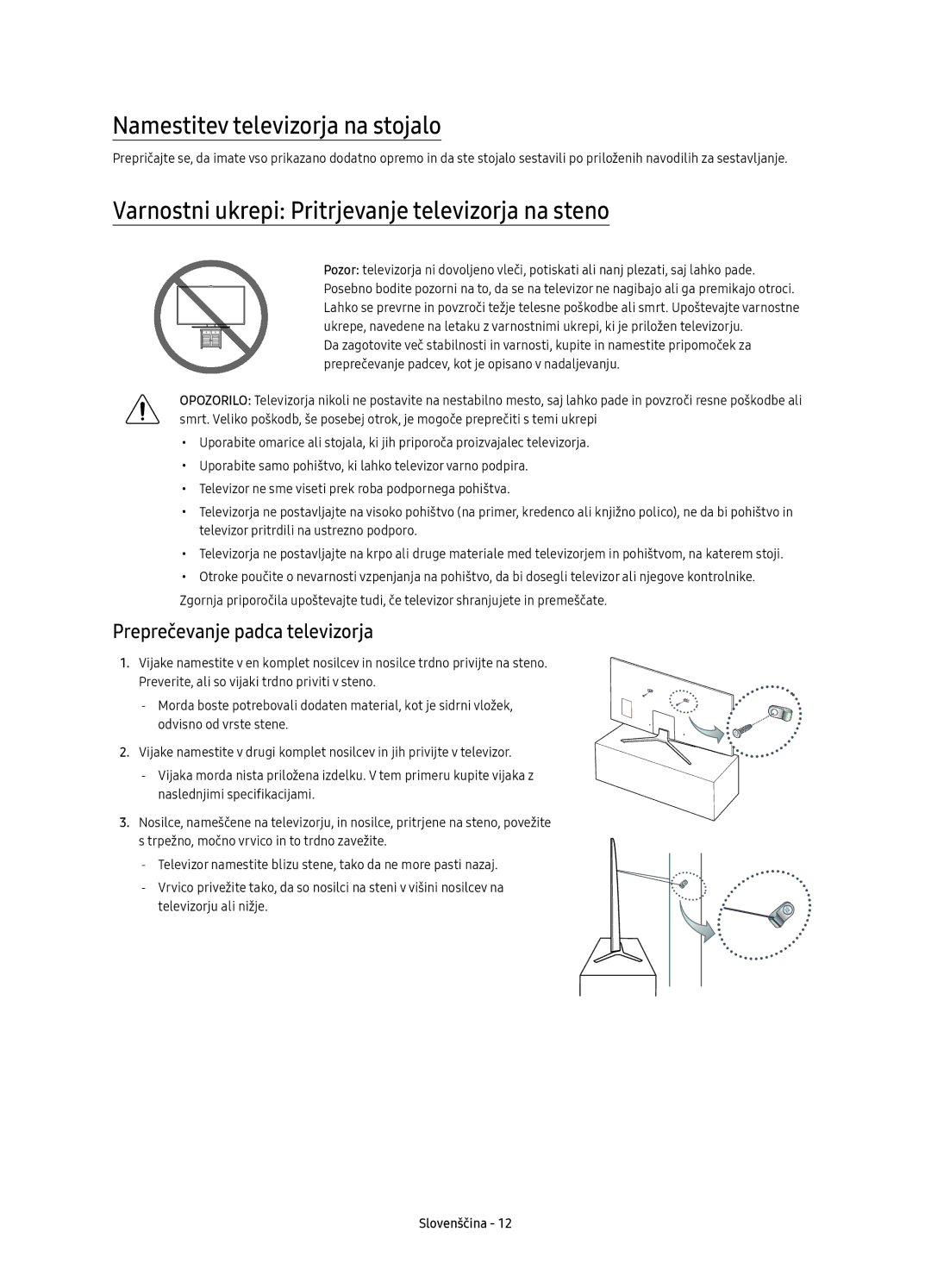 Samsung UE40KU6400SXXH manual Namestitev televizorja na stojalo, Varnostni ukrepi Pritrjevanje televizorja na steno 