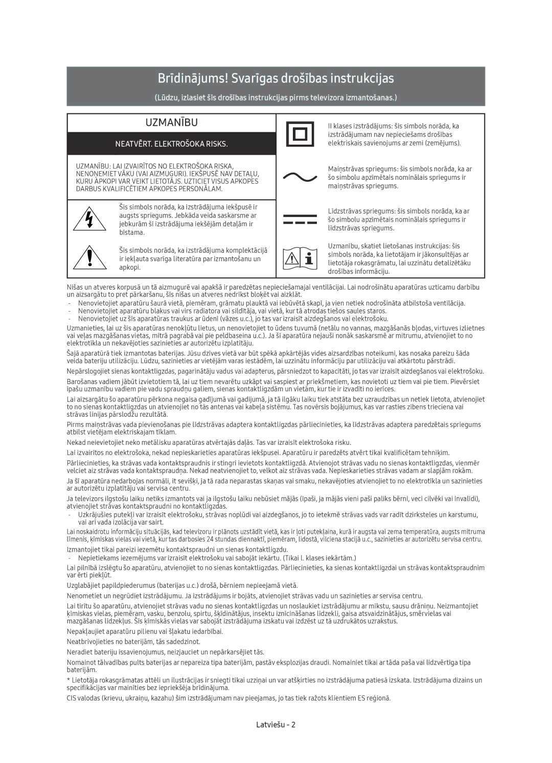 Samsung UE43KU6400SXXH, UE40KU6400SXXH Brīdinājums! Svarīgas drošības instrukcijas, NEATVĒRT. Elektrošoka Risks, Latviešu 