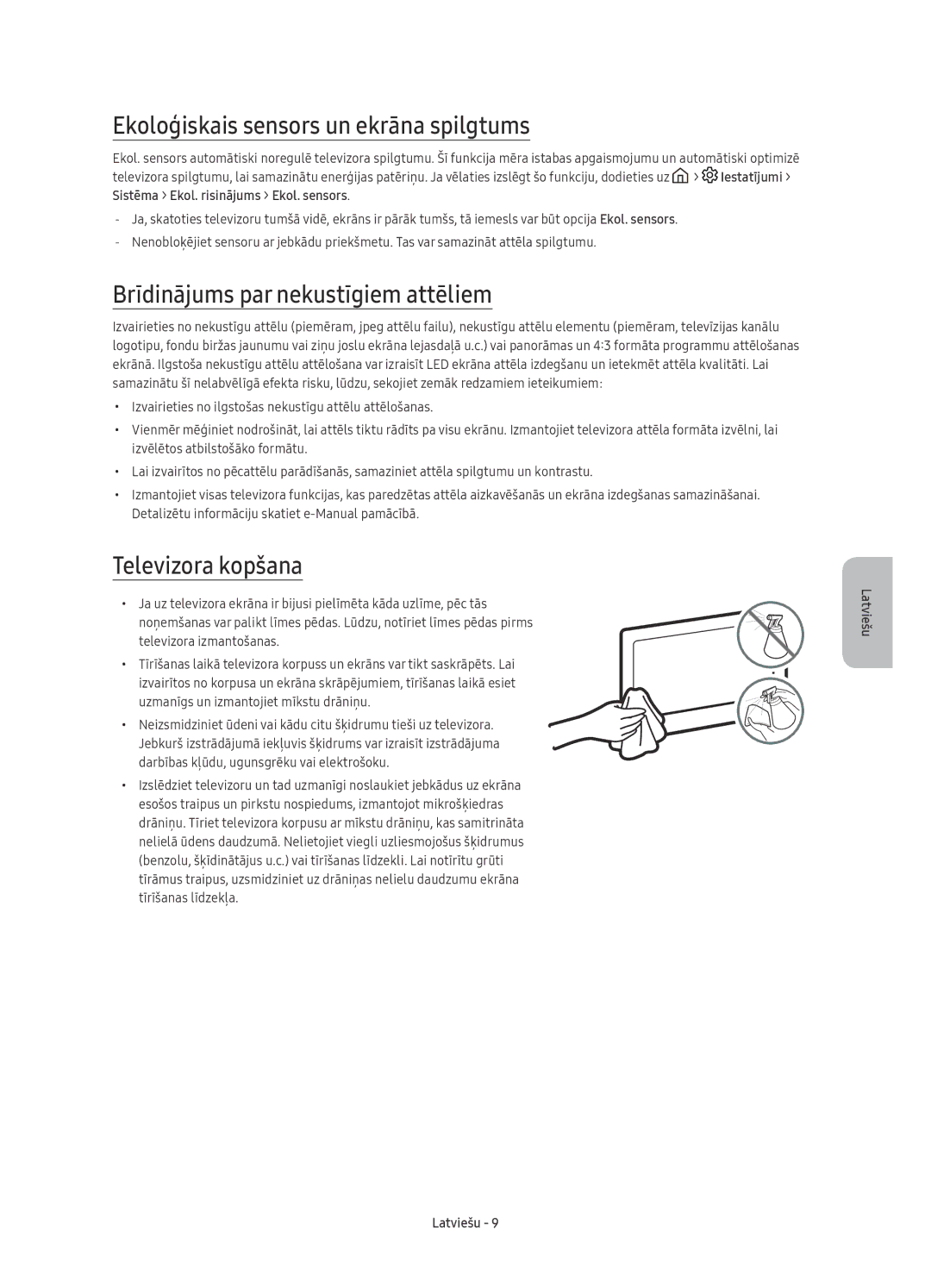 Samsung UE43KU6402UXXH Ekoloģiskais sensors un ekrāna spilgtums, Brīdinājums par nekustīgiem attēliem, Televizora kopšana 