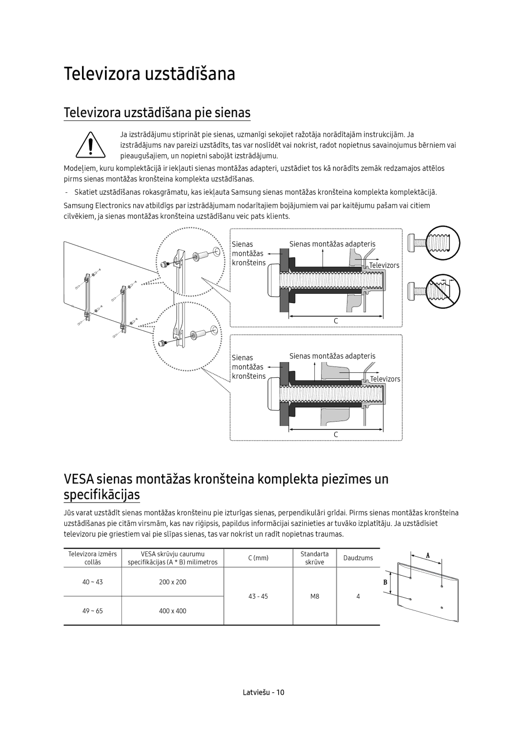 Samsung UE65KU6402UXXH, UE40KU6400SXXH, UE55KU6400SXXH, UE65KU6400SXXH, UE49KU6400SXXH Televizora uzstādīšana pie sienas 