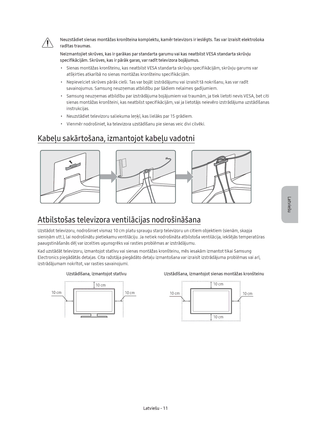 Samsung UE55KU6402UXXH Kabeļu sakārtošana, izmantojot kabeļu vadotni, Atbilstošas televizora ventilācijas nodrošināšana 