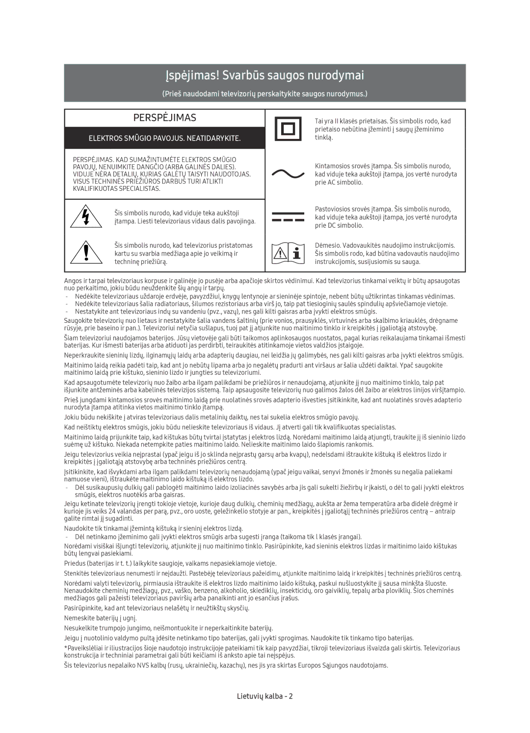 Samsung UE49KU6400SXXH manual Įspėjimas! Svarbūs saugos nurodymai, Elektros Smūgio PAVOJUS. Neatidarykite, Lietuvių kalba 