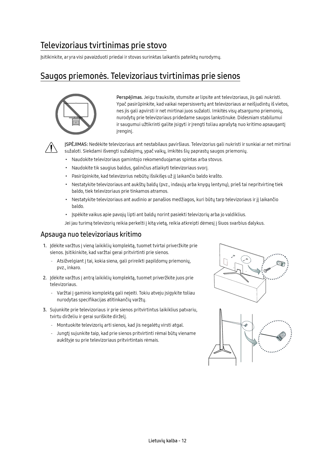 Samsung UE55KU6402UXXH manual Televizoriaus tvirtinimas prie stovo, Saugos priemonės. Televizoriaus tvirtinimas prie sienos 