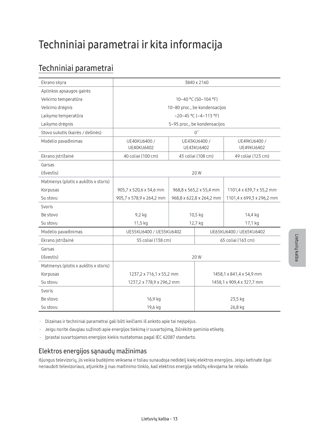 Samsung UE65KU6400SXXN, UE40KU6400SXXH Techniniai parametrai ir kita informacija, Elektros energijos sąnaudų mažinimas 