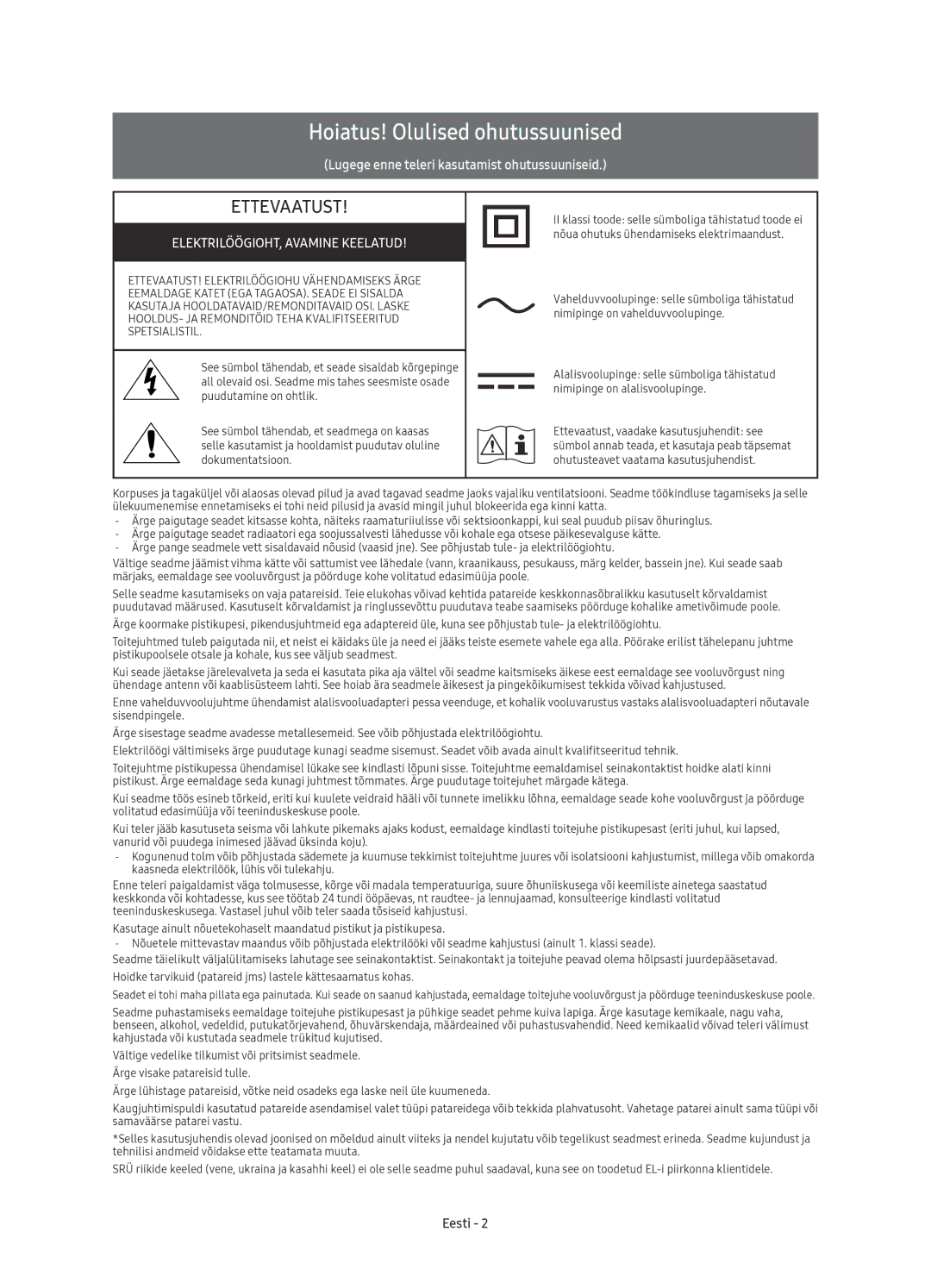 Samsung UE65KU6400SXXH, UE40KU6400SXXH manual Hoiatus! Olulised ohutussuunised, ELEKTRILÖÖGIOHT, Avamine Keelatud, Eesti 