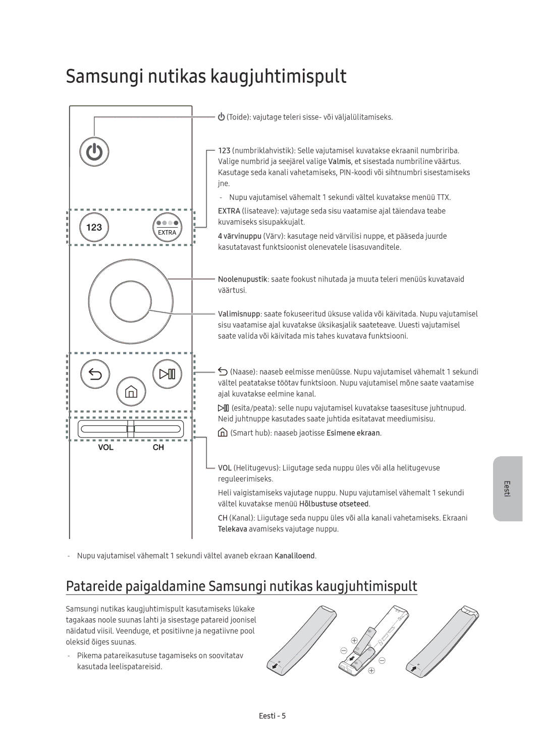 Samsung UE40KU6400SXXN, UE40KU6400SXXH, UE55KU6400SXXH manual Patareide paigaldamine Samsungi nutikas kaugjuhtimispult 