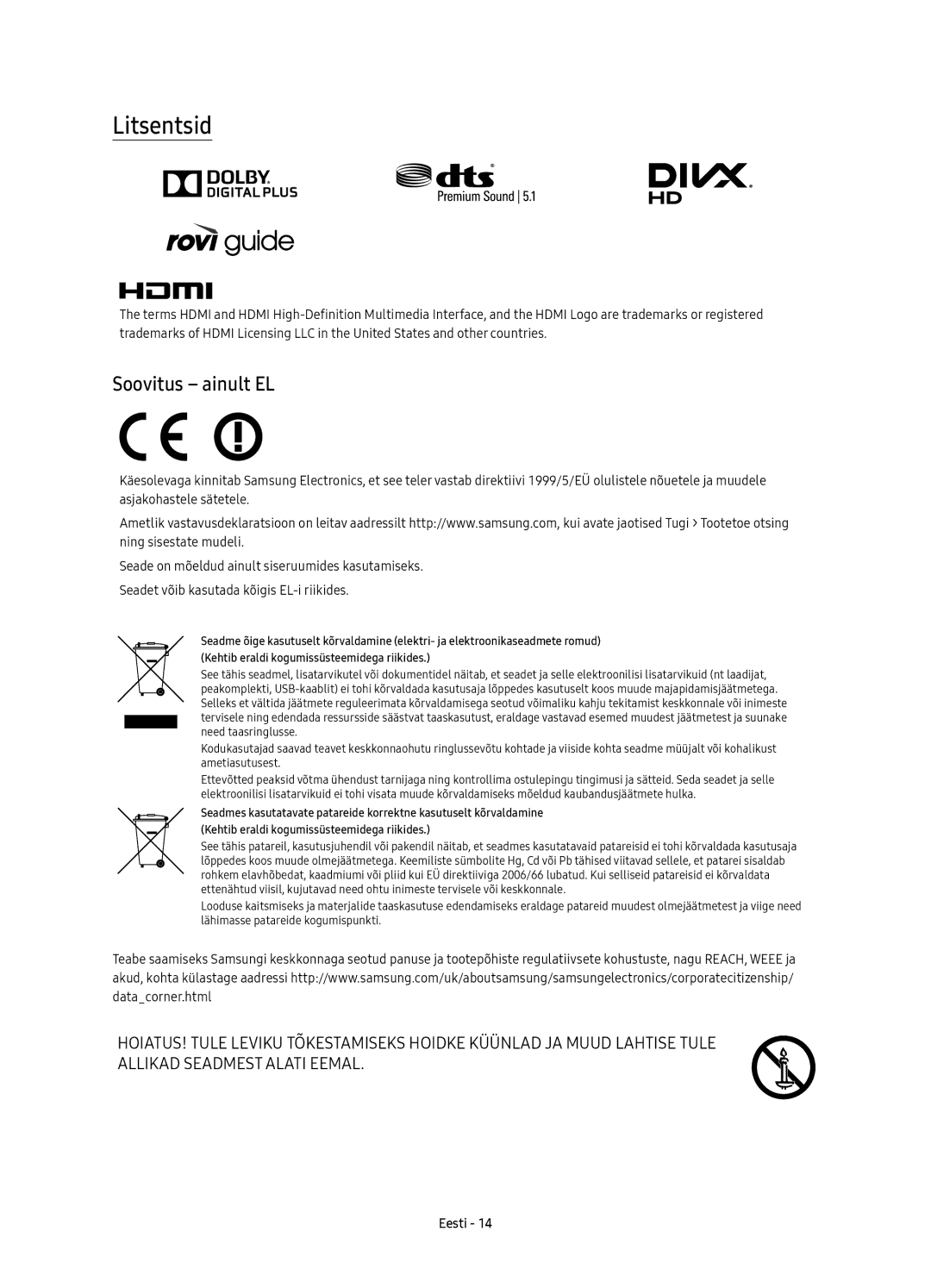 Samsung UE65KU6400SXXN, UE40KU6400SXXH, UE55KU6400SXXH, UE65KU6400SXXH, UE49KU6400SXXH manual Litsentsid, Soovitus ainult EL 