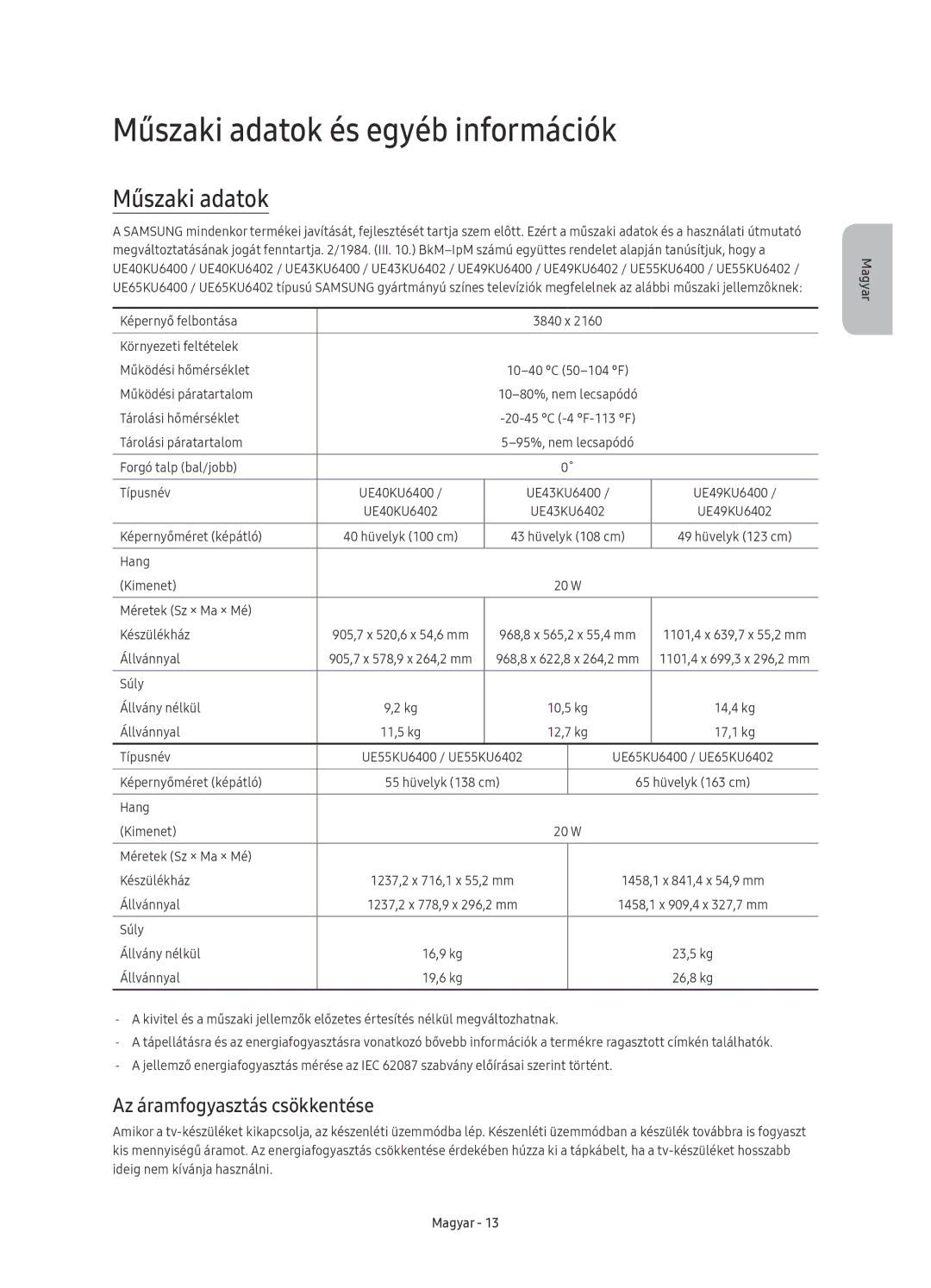 Samsung UE65KU6402UXXH, UE40KU6400SXXH, UE55KU6400SXXH Műszaki adatok és egyéb információk, Az áramfogyasztás csökkentése 