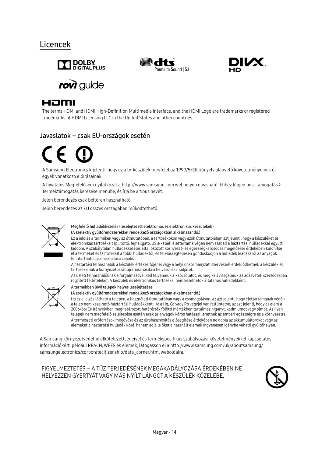 Samsung UE55KU6402UXXH, UE40KU6400SXXH, UE55KU6400SXXH, UE65KU6400SXXH manual Licencek, Javaslatok csak EU-országok esetén 