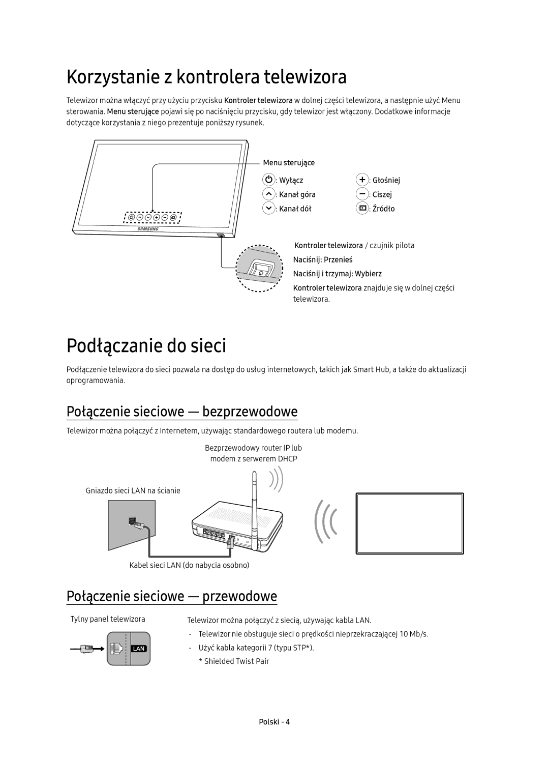 Samsung UE65KU6400SXXH manual Korzystanie z kontrolera telewizora, Podłączanie do sieci, Połączenie sieciowe bezprzewodowe 