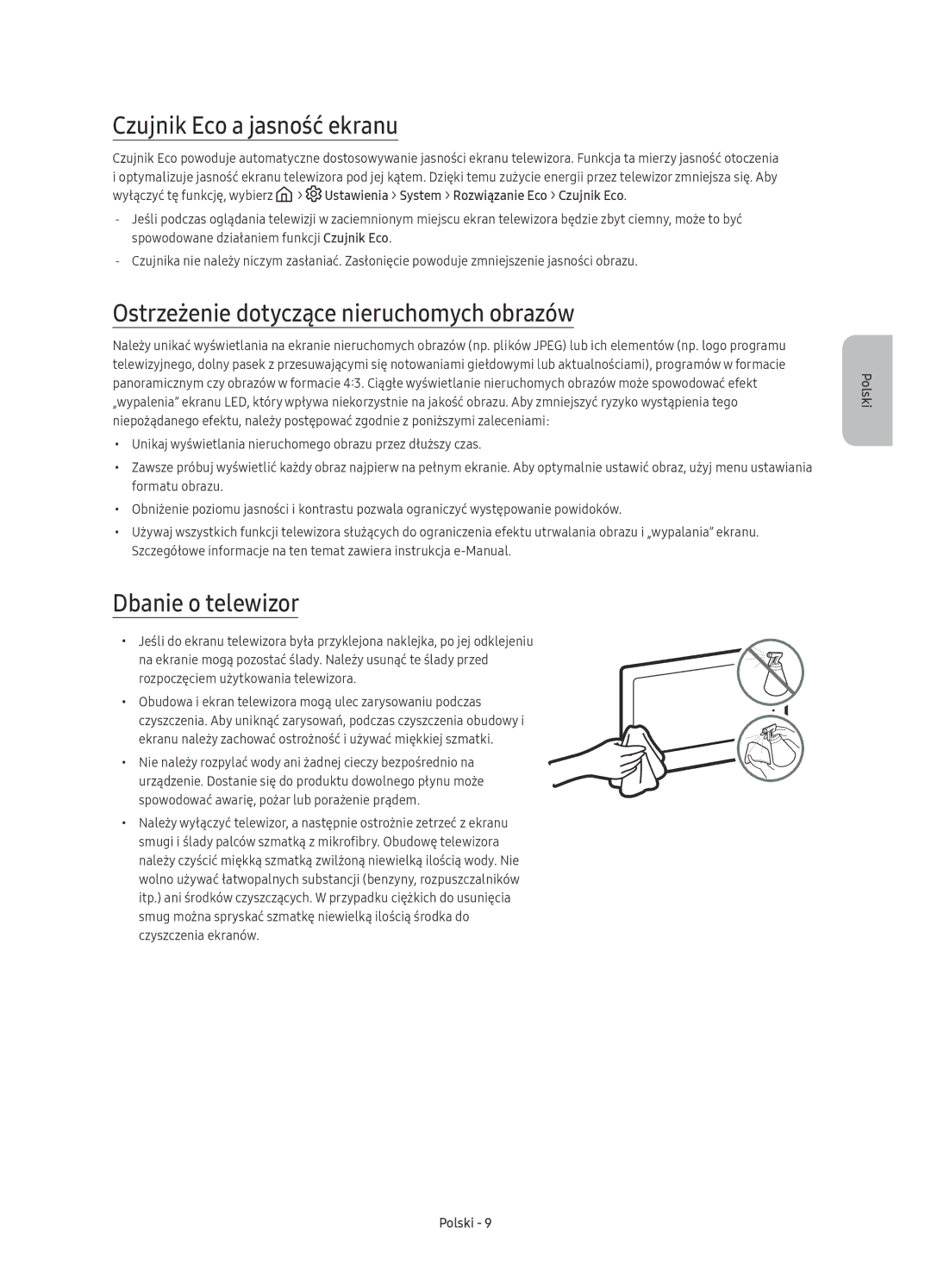 Samsung UE49KU6400SXXN manual Czujnik Eco a jasność ekranu, Ostrzeżenie dotyczące nieruchomych obrazów, Dbanie o telewizor 