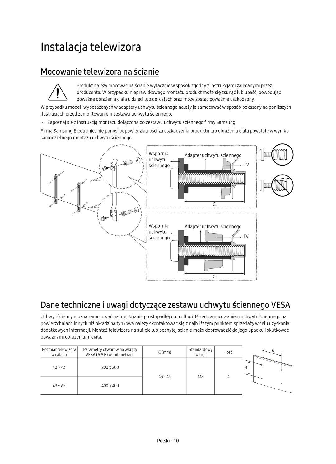 Samsung UE55KU6400SXXN, UE40KU6400SXXH, UE55KU6400SXXH manual Instalacja telewizora, Mocowanie telewizora na ścianie 
