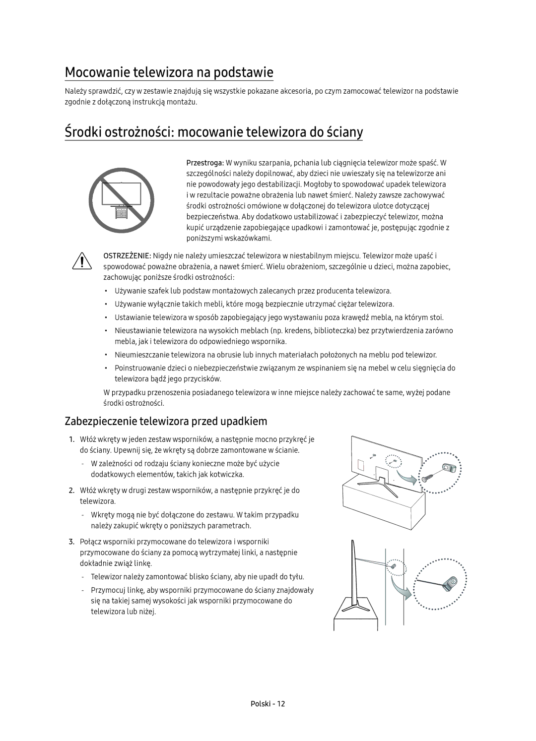 Samsung UE49KU6402UXXH manual Mocowanie telewizora na podstawie, Środki ostrożności mocowanie telewizora do ściany 