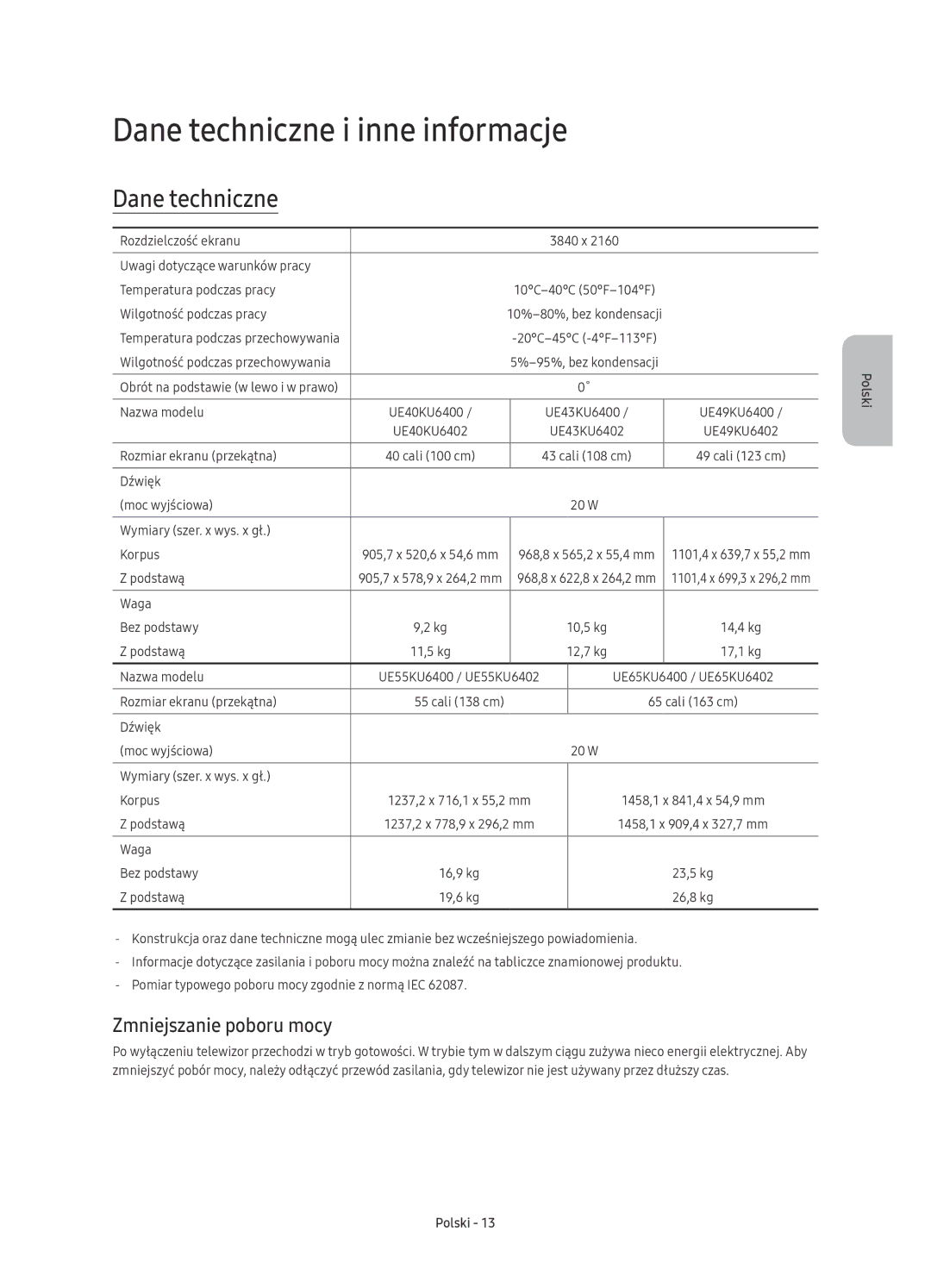 Samsung UE43KU6402UXXH, UE40KU6400SXXH, UE55KU6400SXXH manual Dane techniczne i inne informacje, Zmniejszanie poboru mocy 