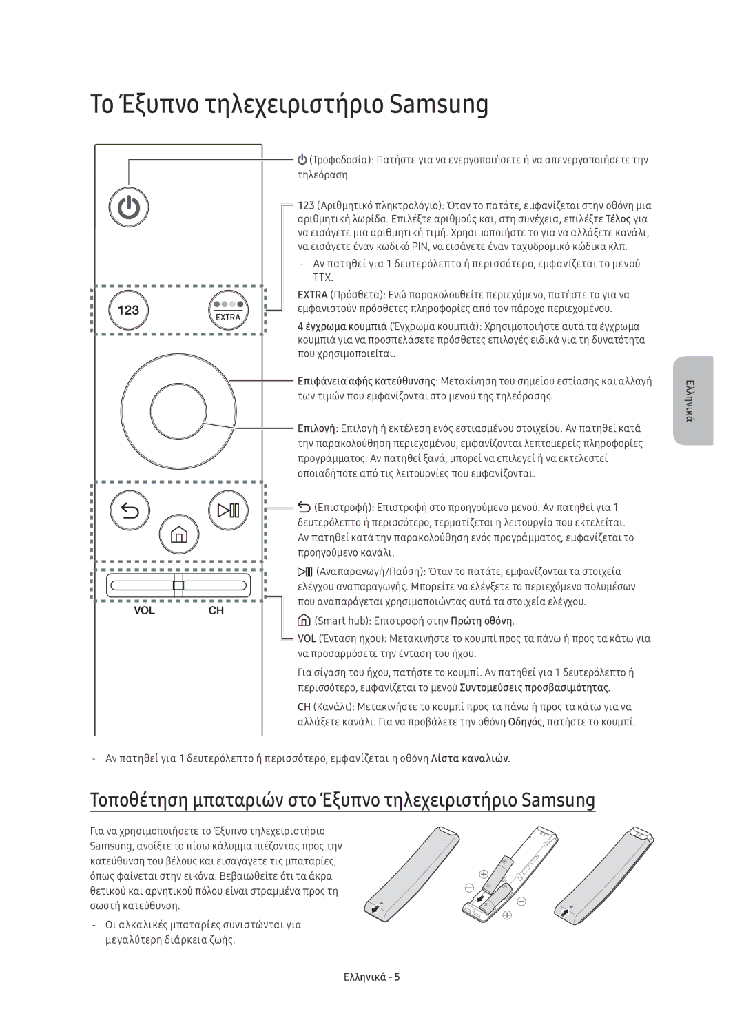 Samsung UE65KU6400SXXH manual Το Έξυπνο τηλεχειριστήριο Samsung, Τοποθέτηση μπαταριών στο Έξυπνο τηλεχειριστήριο Samsung 