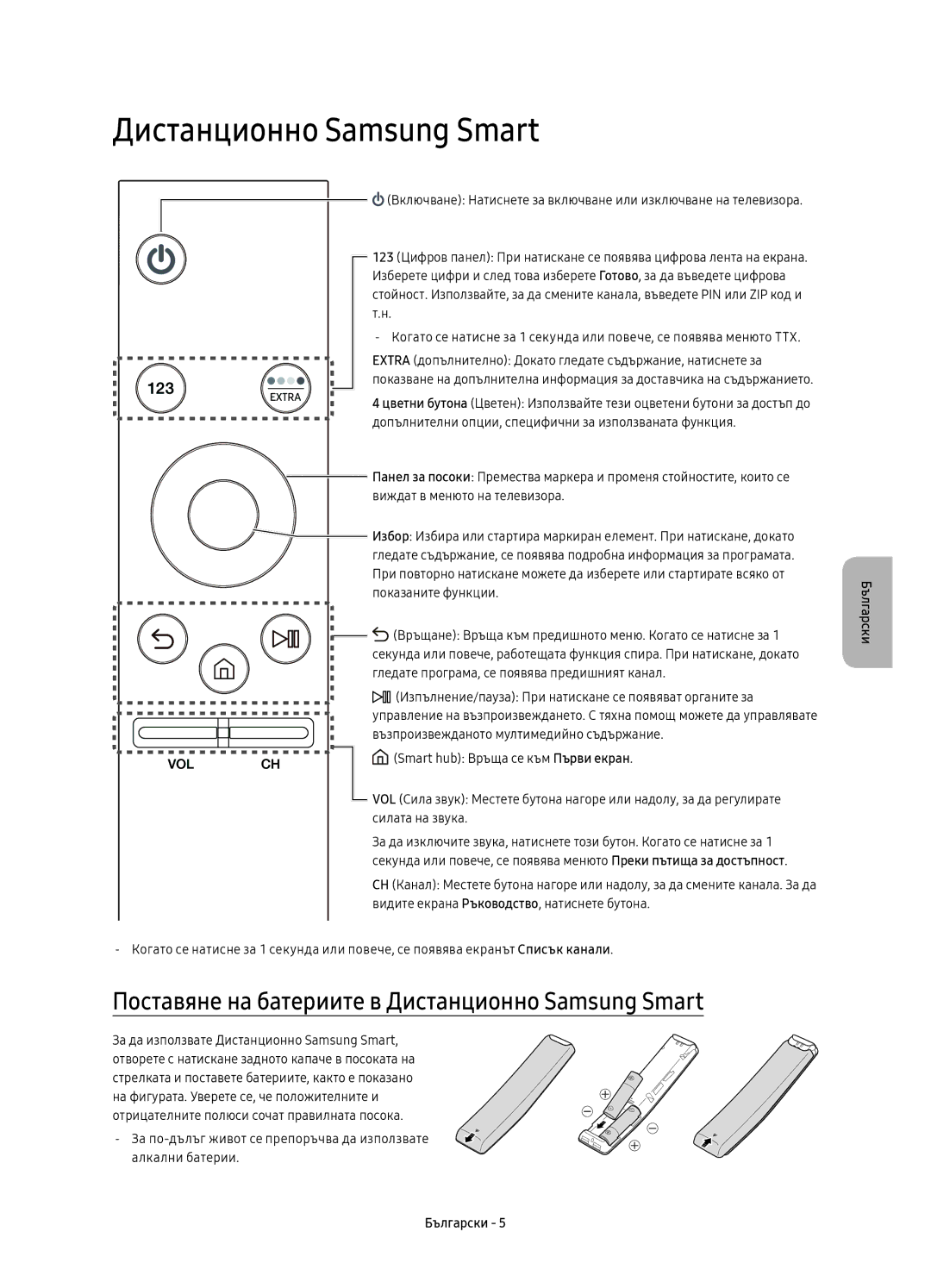 Samsung UE55KU6400SXXH, UE40KU6400SXXH, UE65KU6400SXXH manual Поставяне на батериите в Дистанционно Samsung Smart 