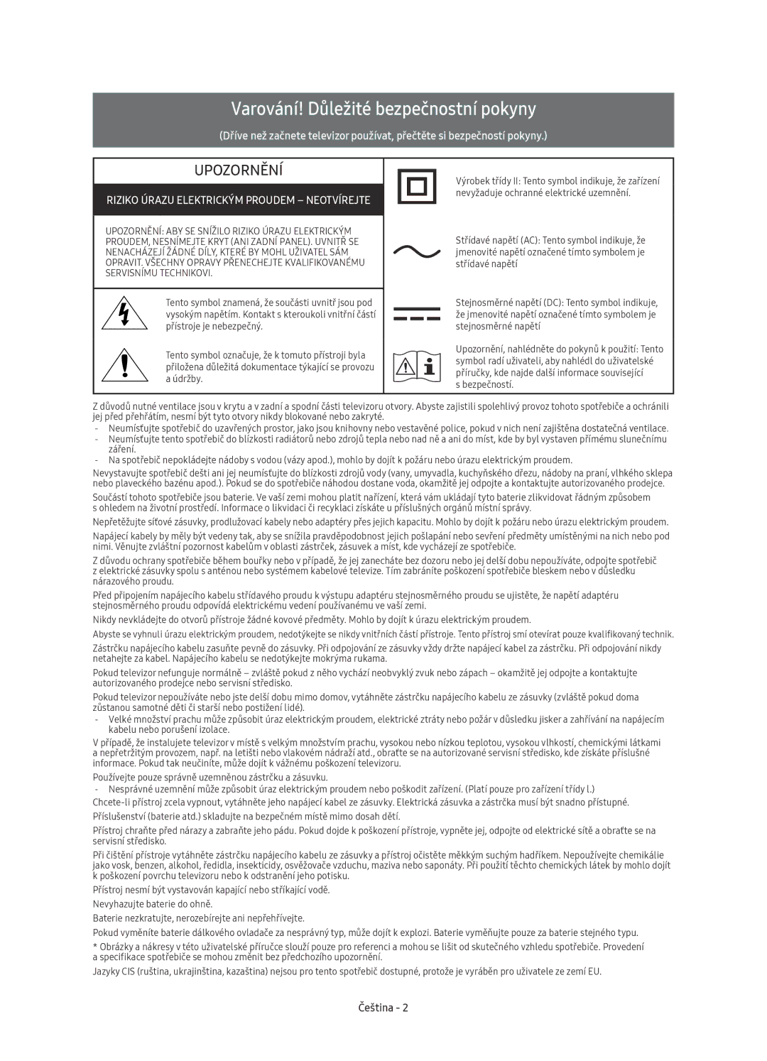 Samsung UE43KU6402UXXH manual Varování! Důležité bezpečnostní pokyny, Riziko Úrazu Elektrickým Proudem Neotvírejte, Čeština 