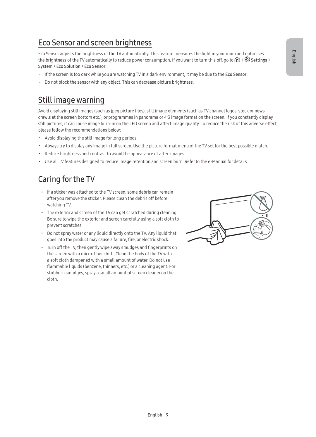 Samsung UE40KU6402UXXH, UE40KU6400SXXH manual Eco Sensor and screen brightness, Still image warning, Caring for the TV 