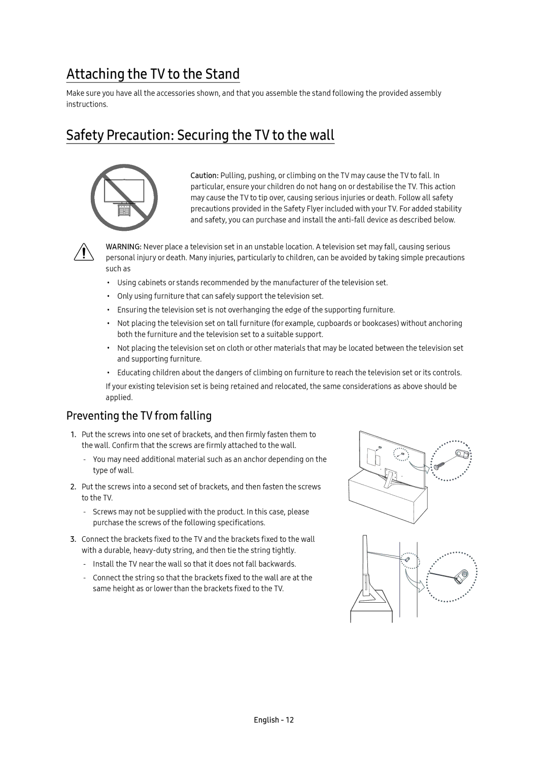 Samsung UE40KU6450UXXC, UE55KU6450UXXC manual Attaching the TV to the Stand, Safety Precaution Securing the TV to the wall 