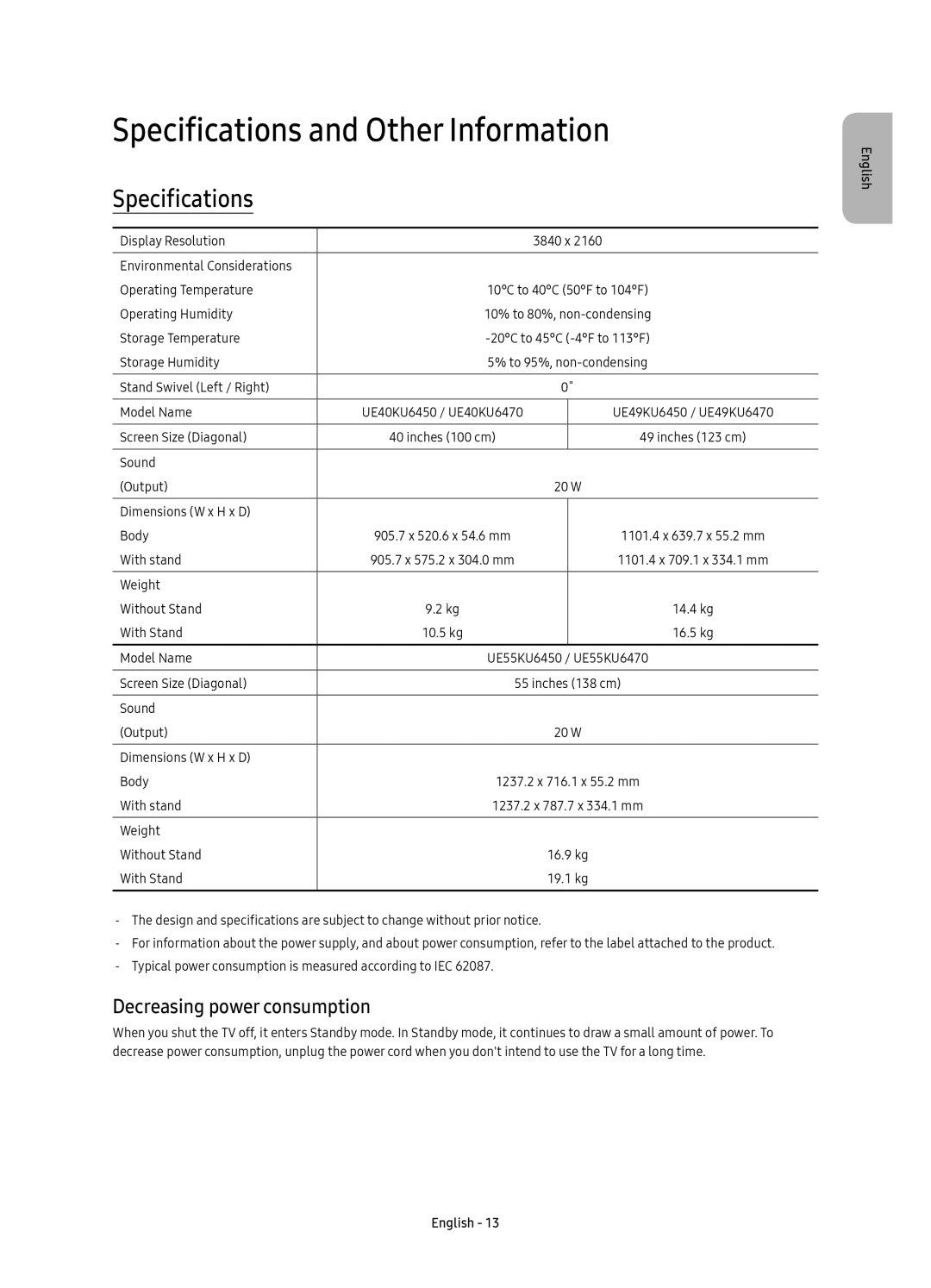 Samsung UE55KU6450UXXC, UE40KU6450UXXC, UE49KU6450UXXC Specifications and Other Information, Decreasing power consumption 