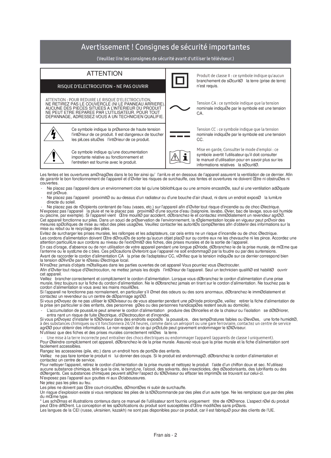 Samsung UE55KU6450UXXC, UE40KU6450UXXC, UE49KU6450UXXC manual Avertissement ! Consignes de sécurité importantes 