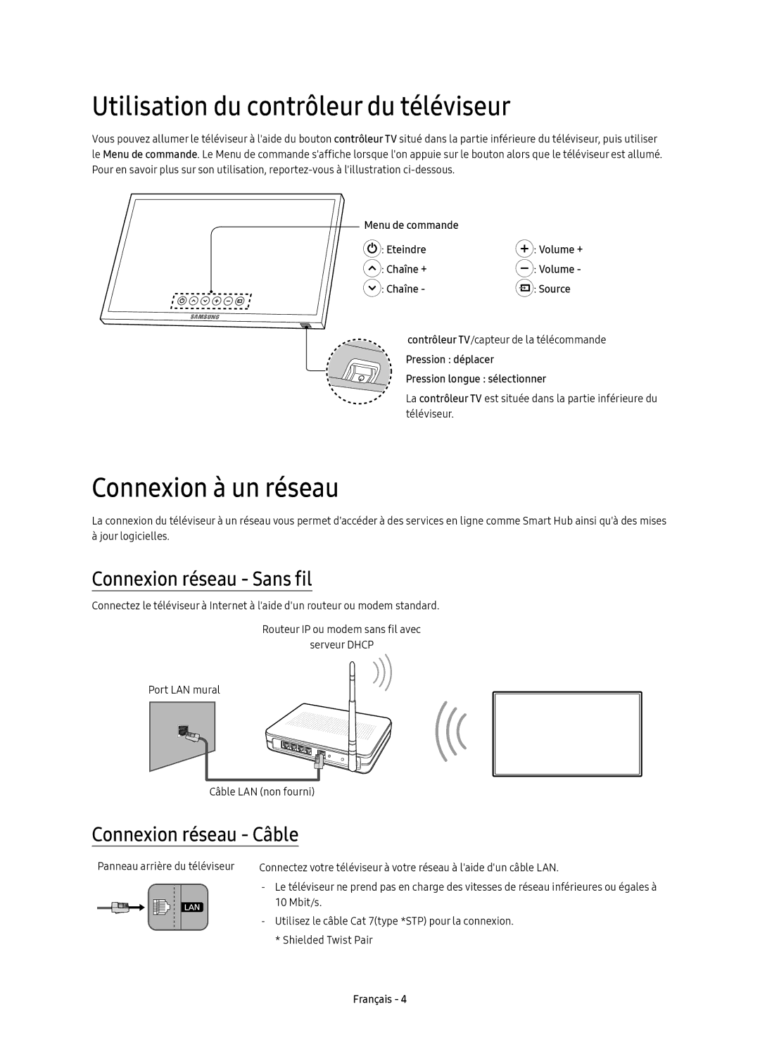 Samsung UE40KU6450UXXC manual Utilisation du contrôleur du téléviseur, Connexion à un réseau, Connexion réseau Sans fil 