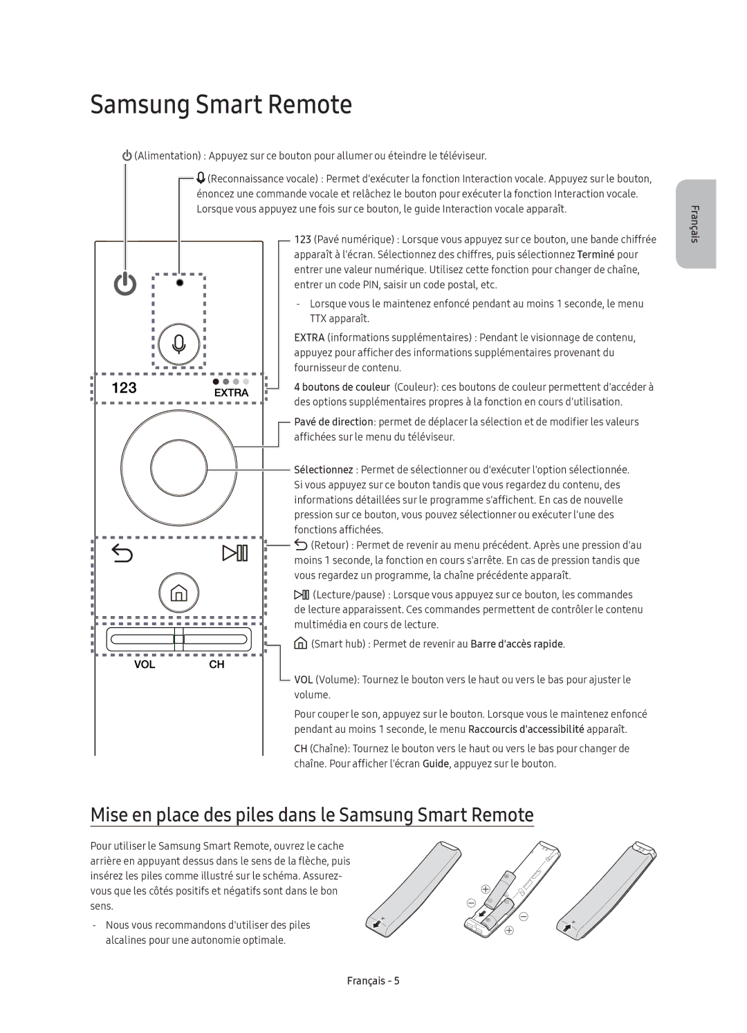 Samsung UE55KU6450UXXC, UE40KU6450UXXC, UE49KU6450UXXC manual Mise en place des piles dans le Samsung Smart Remote 