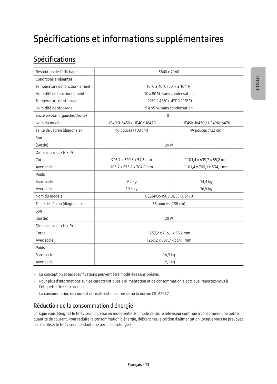 Samsung UE40KU6450UXXC, UE55KU6450UXXC, UE49KU6450UXXC manual Spécifications, Réduction de la consommation dénergie 