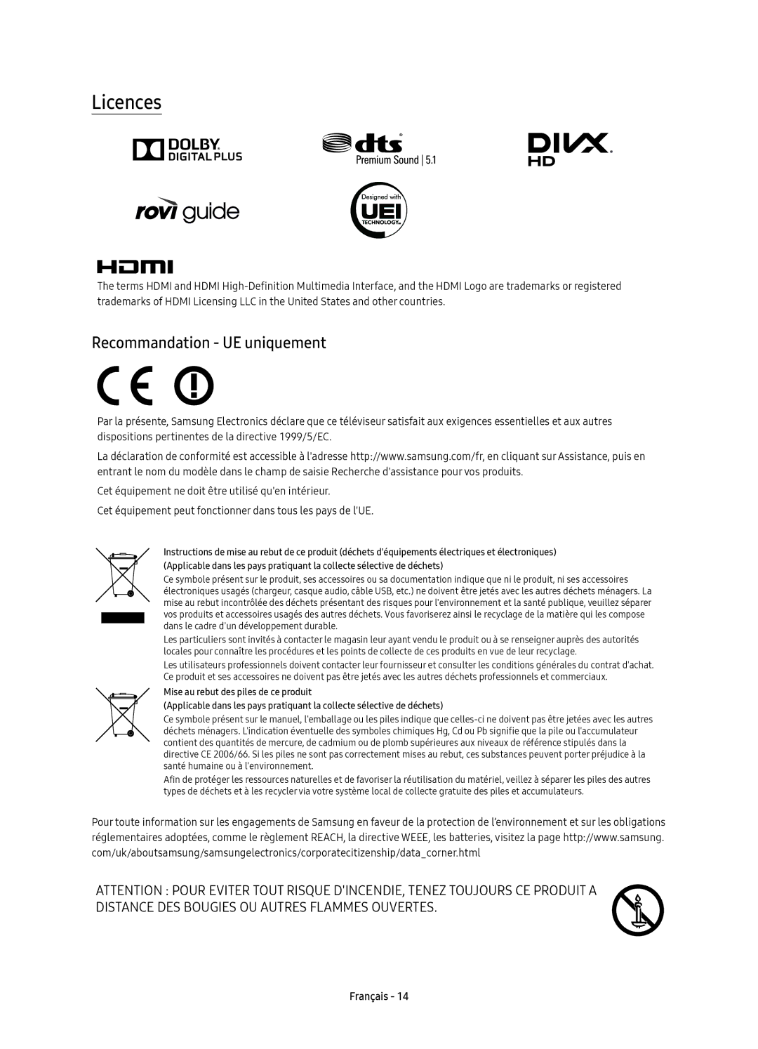 Samsung UE55KU6450UXXC, UE40KU6450UXXC, UE49KU6450UXXC manual Licences, Recommandation UE uniquement 