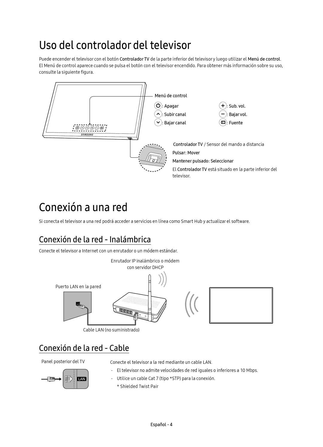 Samsung UE49KU6450UXXC manual Uso del controlador del televisor, Conexión a una red, Conexión de la red Inalámbrica 