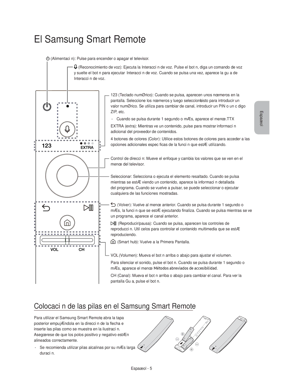 Samsung UE40KU6450UXXC, UE55KU6450UXXC manual El Samsung Smart Remote, Colocación de las pilas en el Samsung Smart Remote 