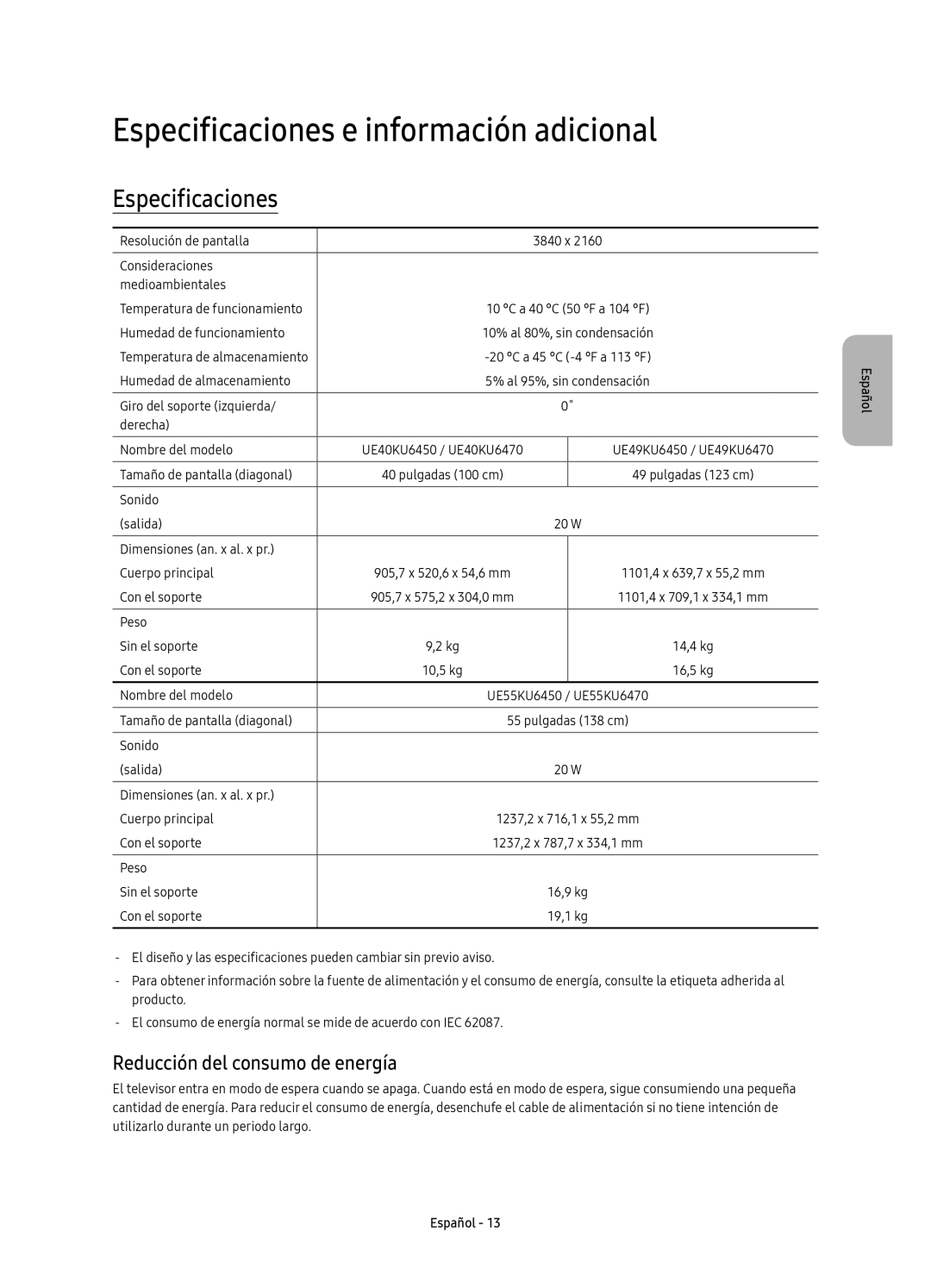 Samsung UE49KU6450UXXC, UE40KU6450UXXC manual Especificaciones e información adicional, Reducción del consumo de energía 