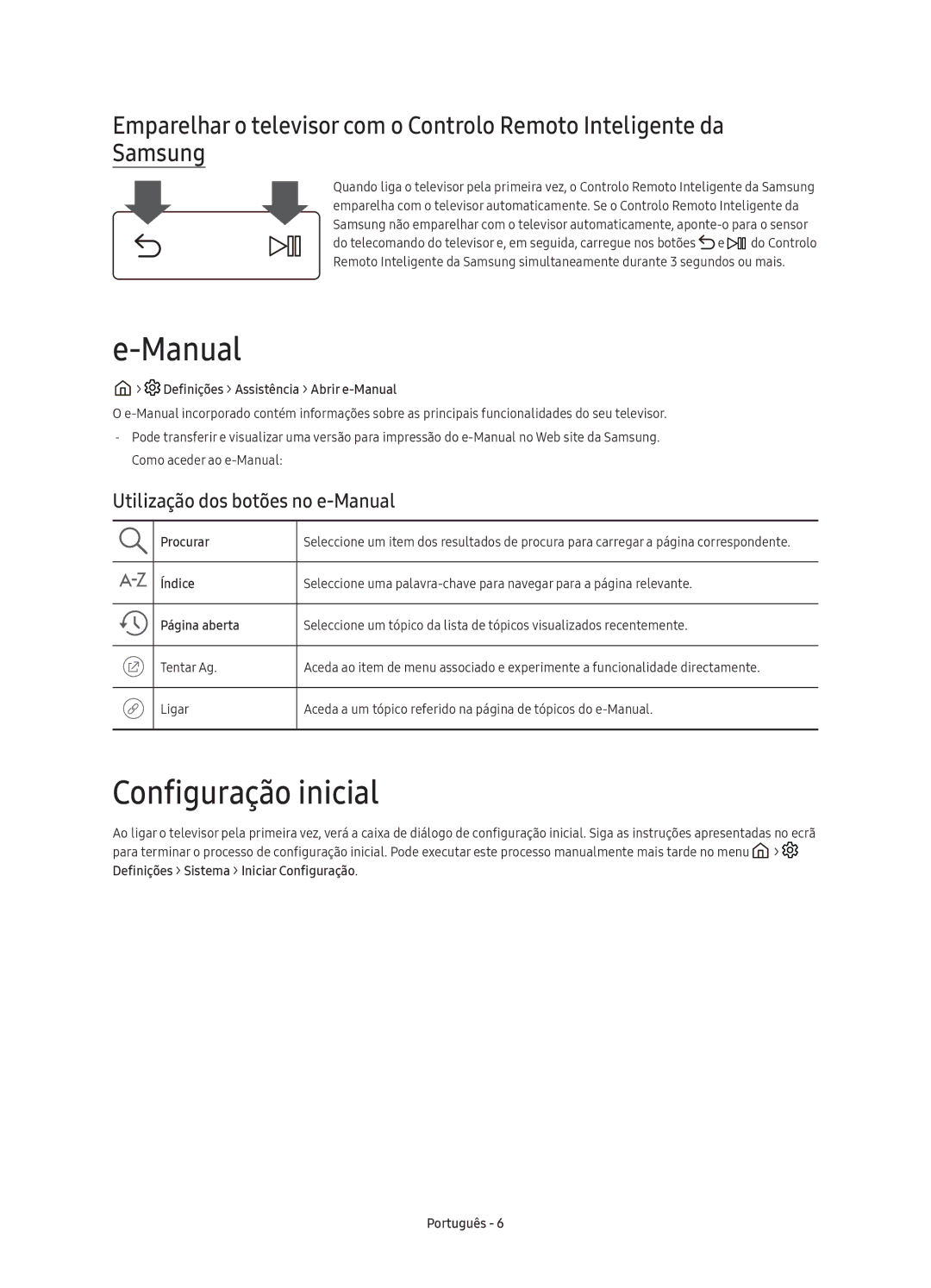 Samsung UE40KU6450UXXC, UE55KU6450UXXC, UE49KU6450UXXC manual Configuração inicial, Utilização dos botões no e-Manual 