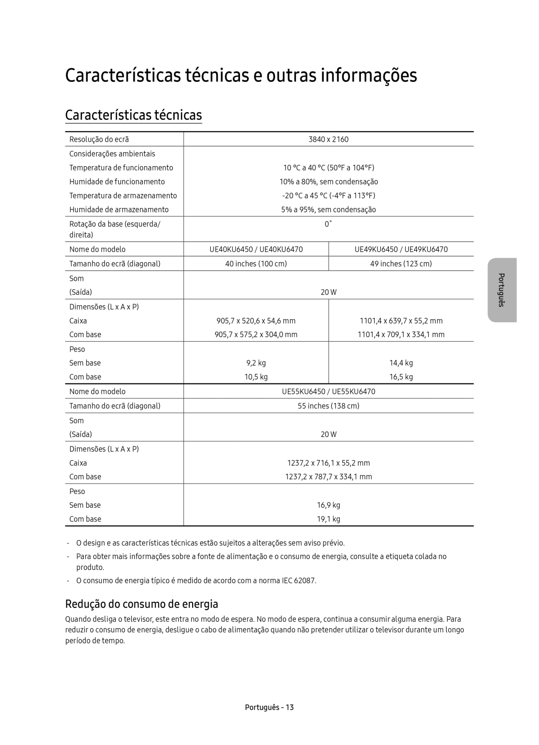 Samsung UE55KU6450UXXC, UE40KU6450UXXC manual Características técnicas e outras informações, Redução do consumo de energia 