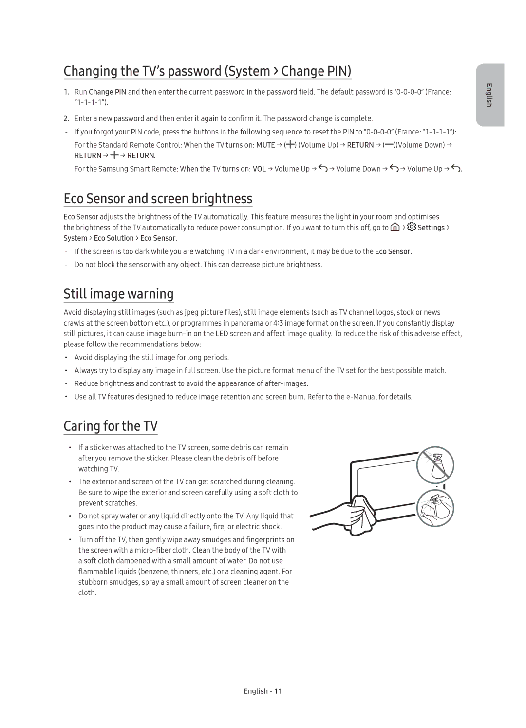 Samsung UE49KU6470UXZG Changing the TV’s password System Change PIN, Eco Sensor and screen brightness, Still image warning 