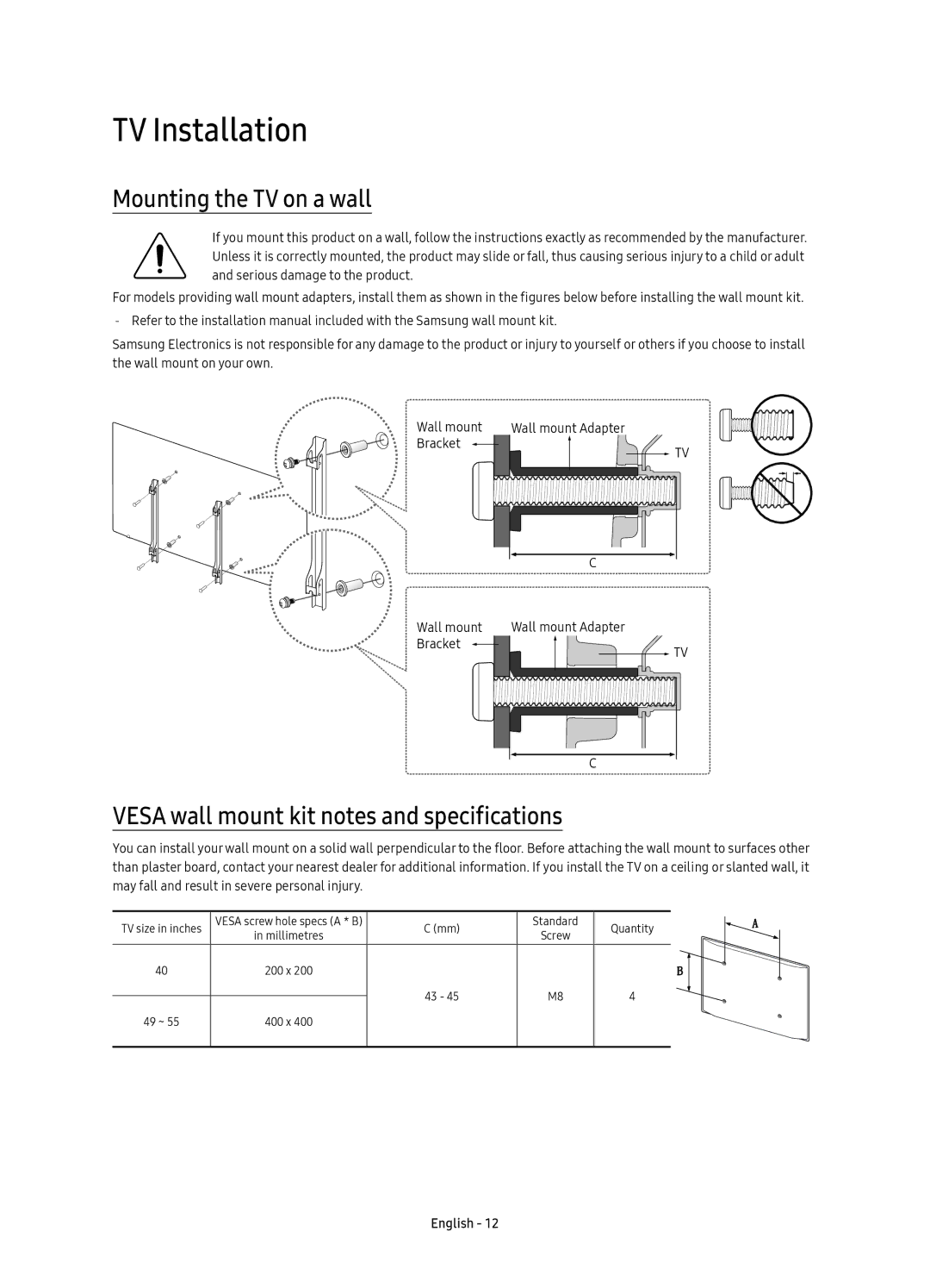 Samsung UE55KU6470UXZF manual TV Installation, Mounting the TV on a wall, Vesa wall mount kit notes and specifications 