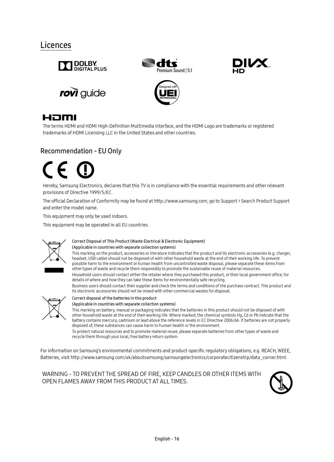 Samsung UE49KU6470UXZG, UE40KU6470UXZG, UE55KU6470UXZF, UE40KU6470UXZF, UE49KU6470UXZF manual Licences, Recommendation EU Only 